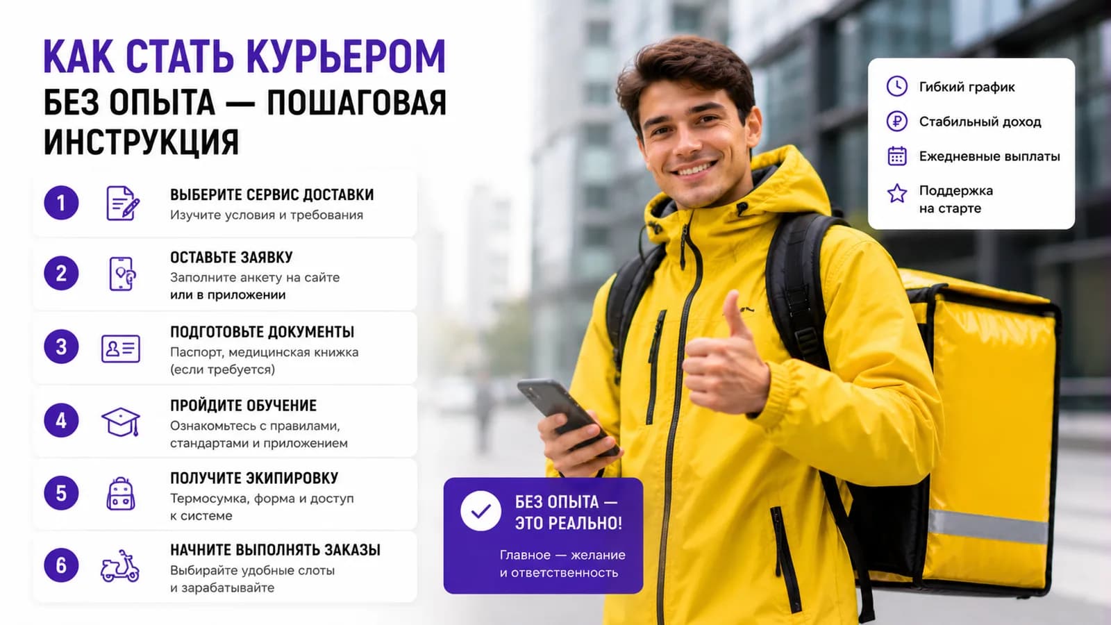 Курьер с термосумкой и шесть шагов от выбора сервиса до первых заказов — старт без опыта