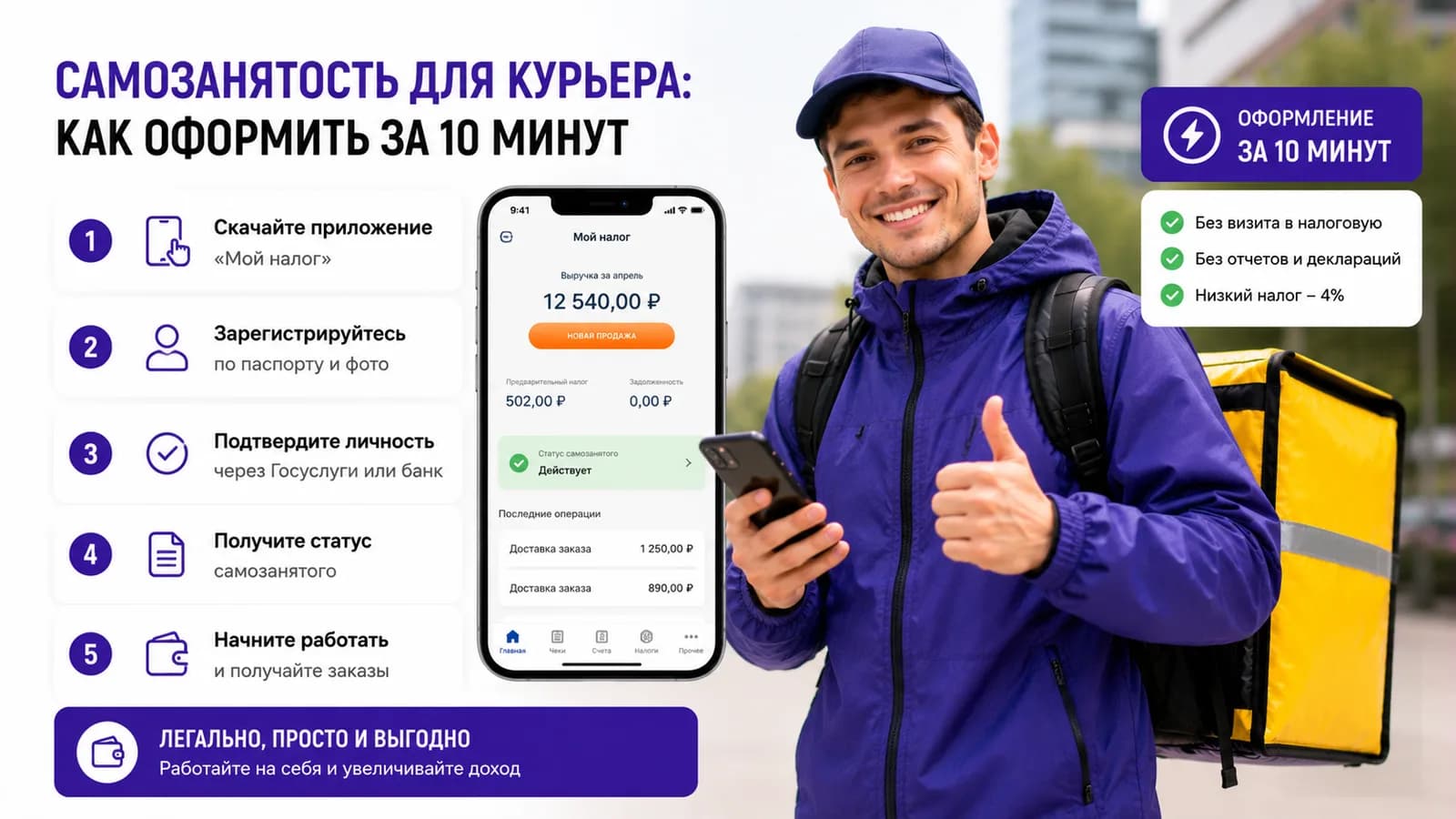 Пять шагов оформления самозанятости в приложении «Мой налог» — курьер со смартфоном