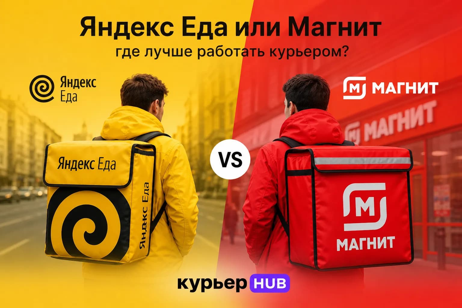 Сравнение курьеров Яндекс Еды и Магнита: жёлтая и красная термосумки