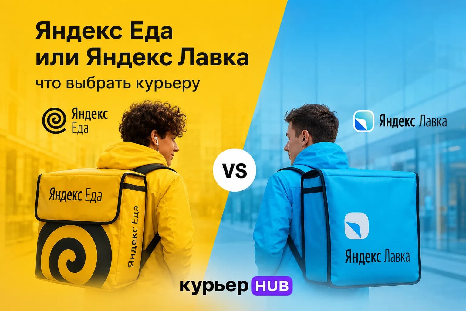 Сравнение курьеров Яндекс Еды и Яндекс Лавки: жёлтая и синяя термосумки